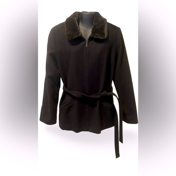 VINTAGE JASON KOLE💓SZ L💓BLACK WOOL COAT WITH FUR TRIMMED COLLAR & BELT PRISTINE - Picture 1 of 13